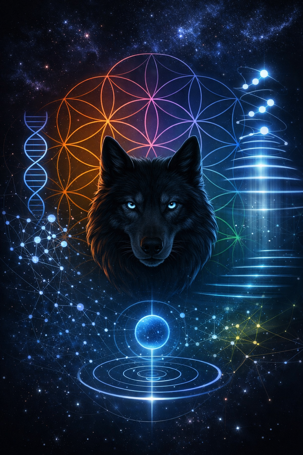 VIRES Symbolbild mit Wolf, geometrischem Muster, DNA, Netzwerkstruktur und kosmischem Hintergrund